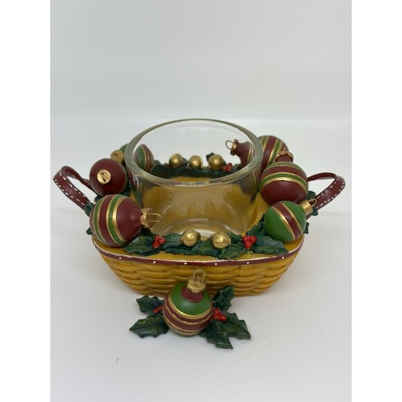 Hand-Painted Christmas Candle Holder Wicker Basket Design Ornaments Glass Insert - Picture 1 of 8